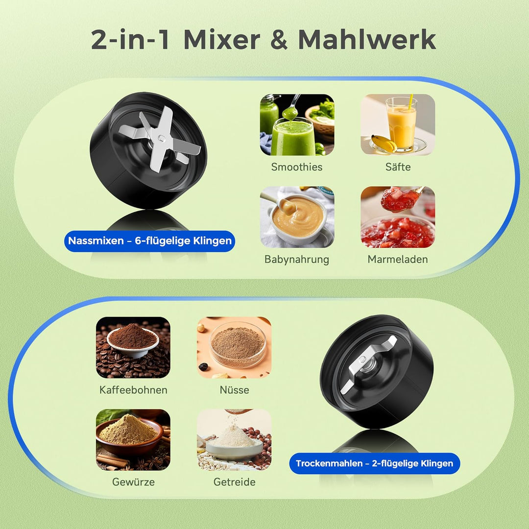 Teendow Mixer, 1200W Mini Smoothie Maker, Standmixer mit 3 Tragbare Mixbechern, 6 Klingen Edelstahlm