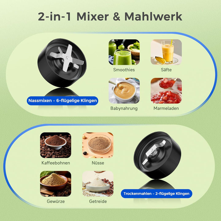 Teendow Mixer, 1200W Mini Smoothie Maker, Standmixer mit 3 Tragbare Mixbechern, 6 Klingen Edelstahlm