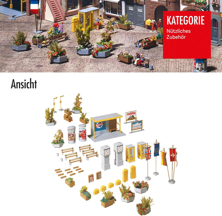 FALLER Stadtausschmückung Modellbausatz mit 117 Einzelteilen I Modelleisenbahn Zubehör H0 I Modellei