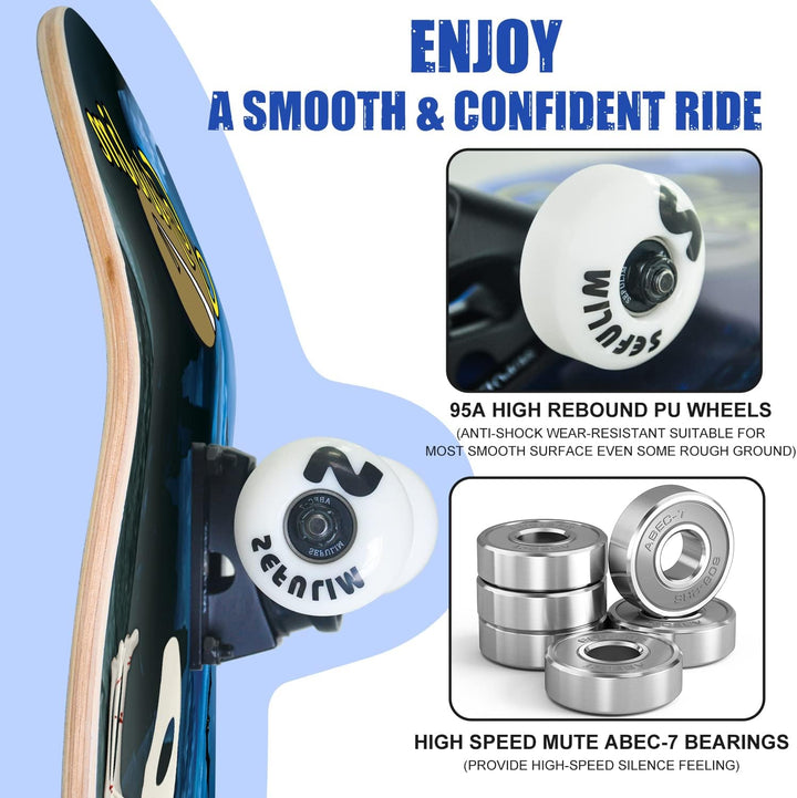 Sefulim 78,9 x 20,3 cm komplettes Skateboard, 7-lagig, kanadischer Ahorn, Doppel-Kick-Deck-Skateboar