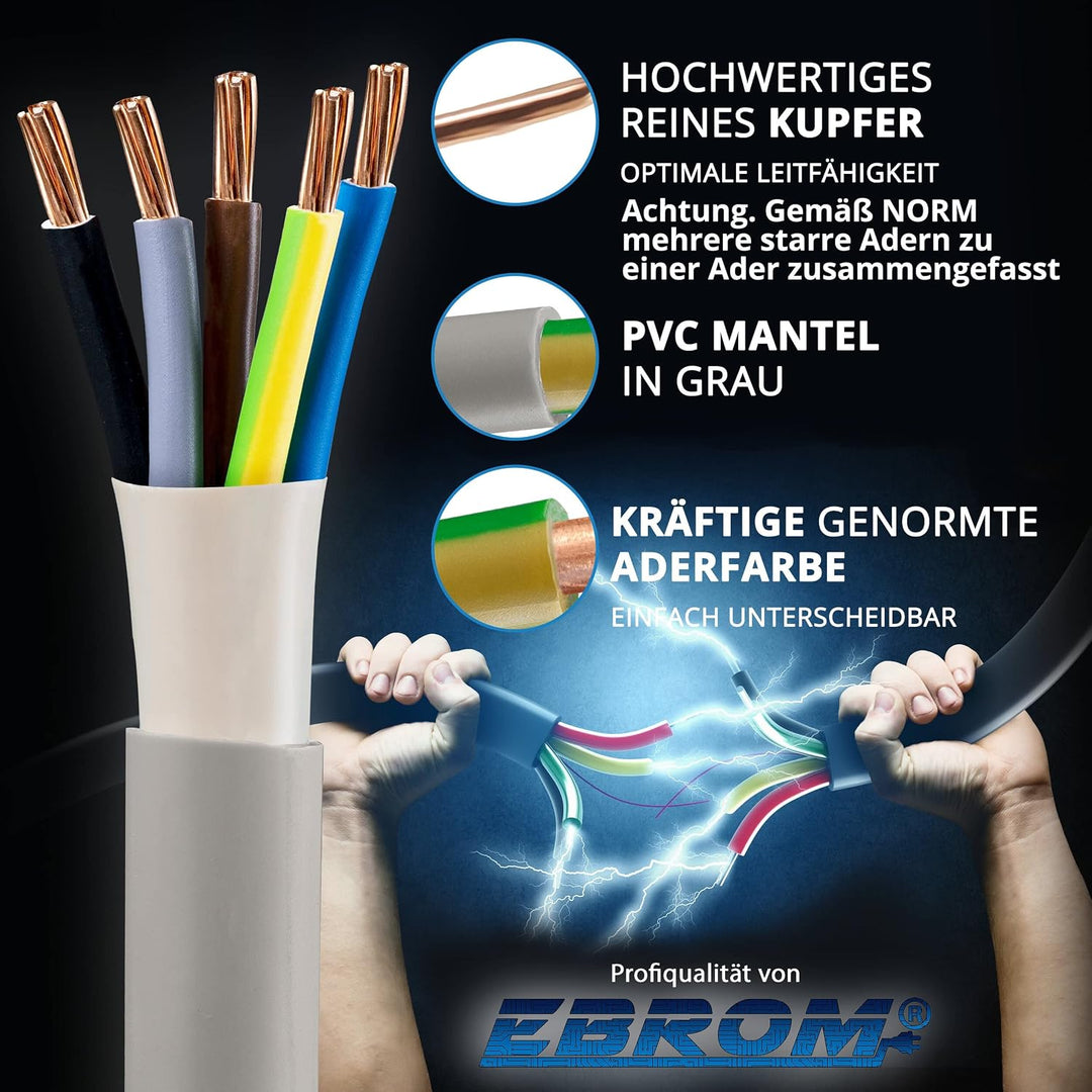 EBROM NYM-J 5x25 mm² Mantelleitung Installationskabel grau, Länge: 21 Meter | 1 bis 50 m, Installati