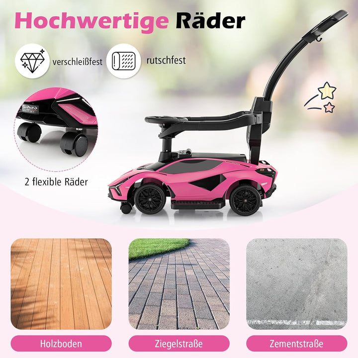 DREAMADE 3-in-1 Rutschauto Lamborghini, Rutschfahrzeug mit Schiebestange, Musik, Lichter & Sicherhei
