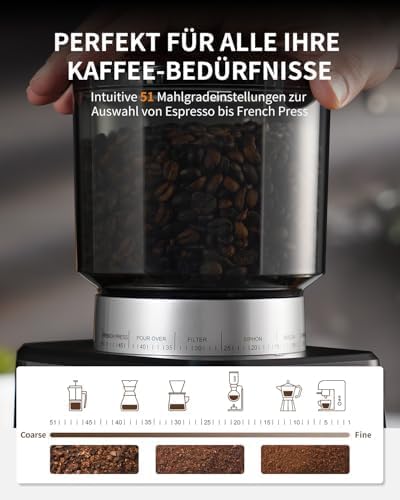 SHARDOR Kaffeemühle Elektrisch mit 51 Mahlgraden, LED-Touchpanel, Elektrische Kaffeemühle Siebträger