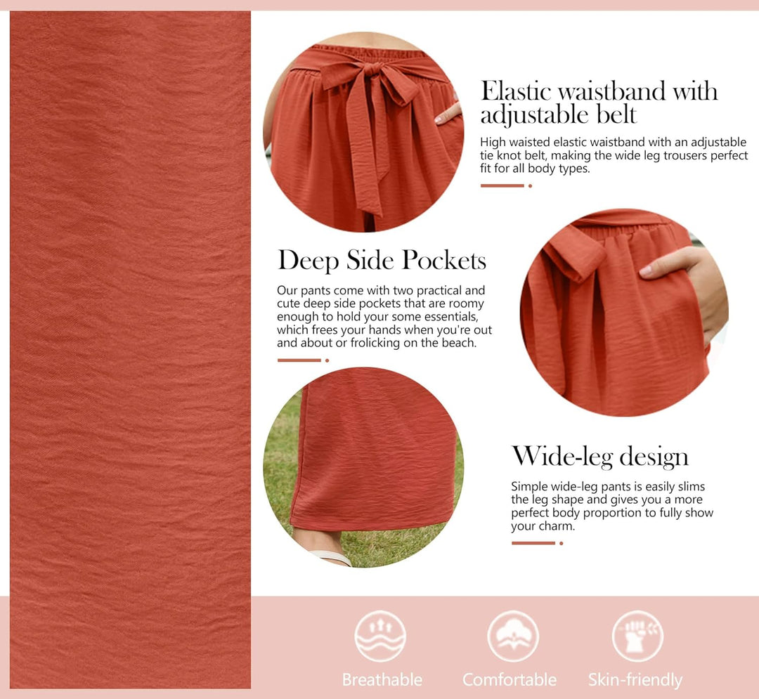 PrinStory Damen Hose Mit Weitem Bein Leichte Elastische Taille Sommer Hose Mit Taschen Kausale Arbei