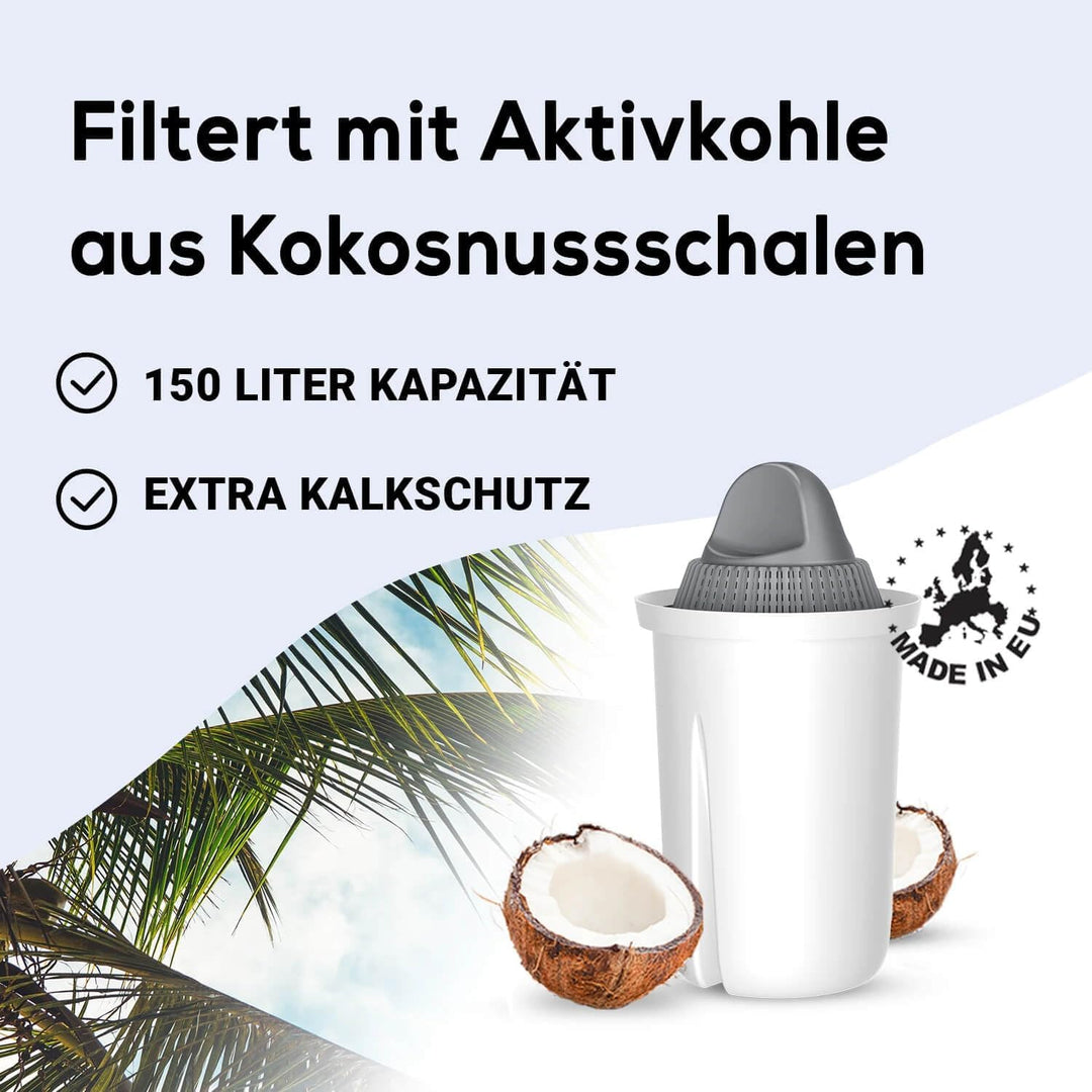 GLAS-Wasserfilter PearlCo (rot) mit 3 Protect+ classic Filterkartuschen (f. hartes Wasser) - Made in