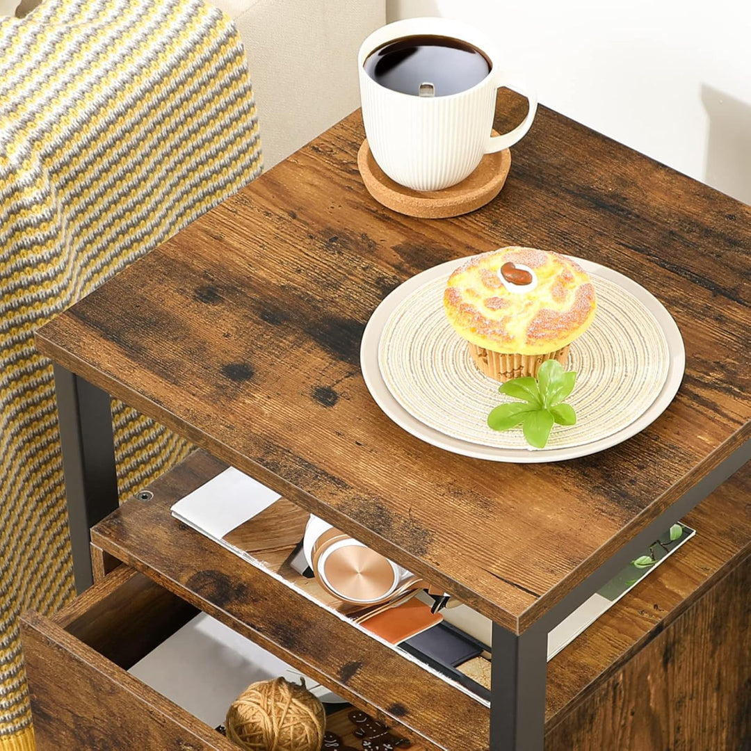 HOOBRO Nachttisch mit Ladestation, Beistelltisch, Sofatisch mit 2 Schubladen, Couchtisch mit USB-Ans