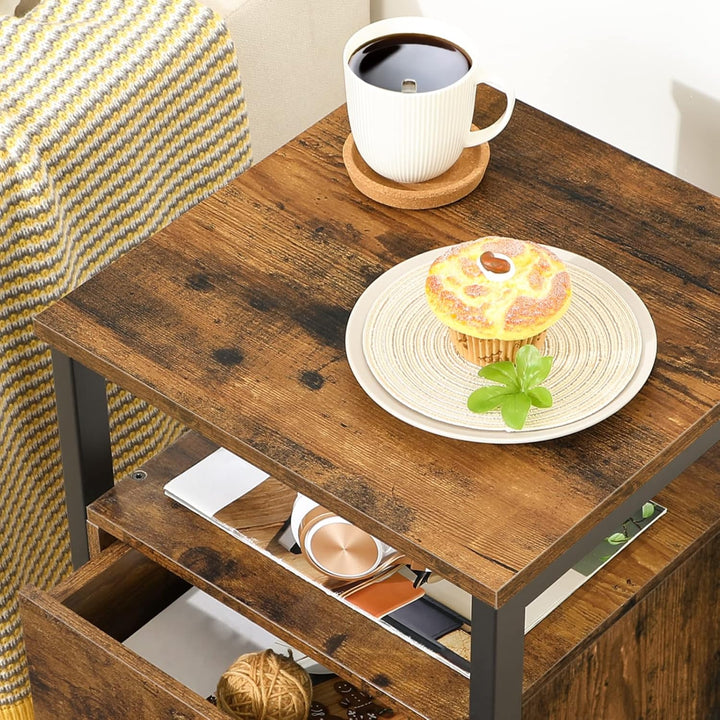 HOOBRO Nachttisch mit Ladestation, Beistelltisch, Sofatisch mit 2 Schubladen, Couchtisch mit USB-Ans