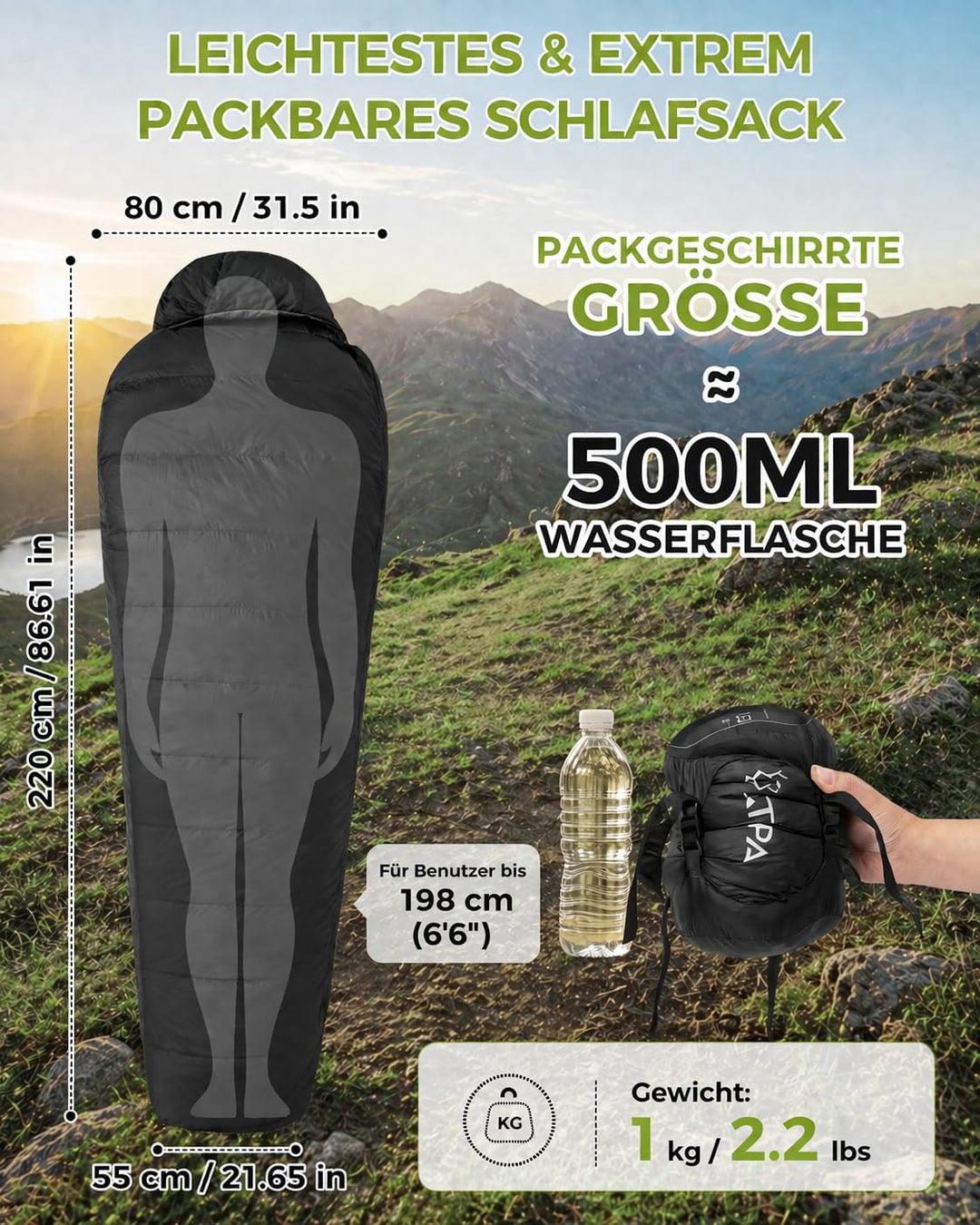 ATEPA 700FP Daunenschlafsack für Erwachsene, Ultraleichter 0 Grad Mumienschlafsack mit RDS Daunen &