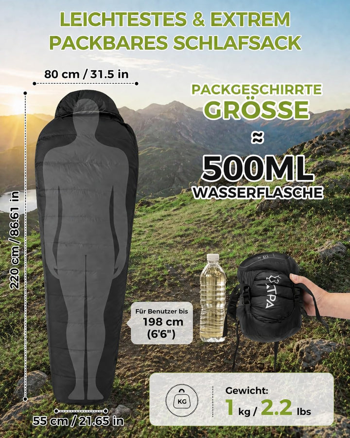 ATEPA 700FP Daunenschlafsack für Erwachsene, Ultraleichter 0 Grad Mumienschlafsack mit RDS Daunen &