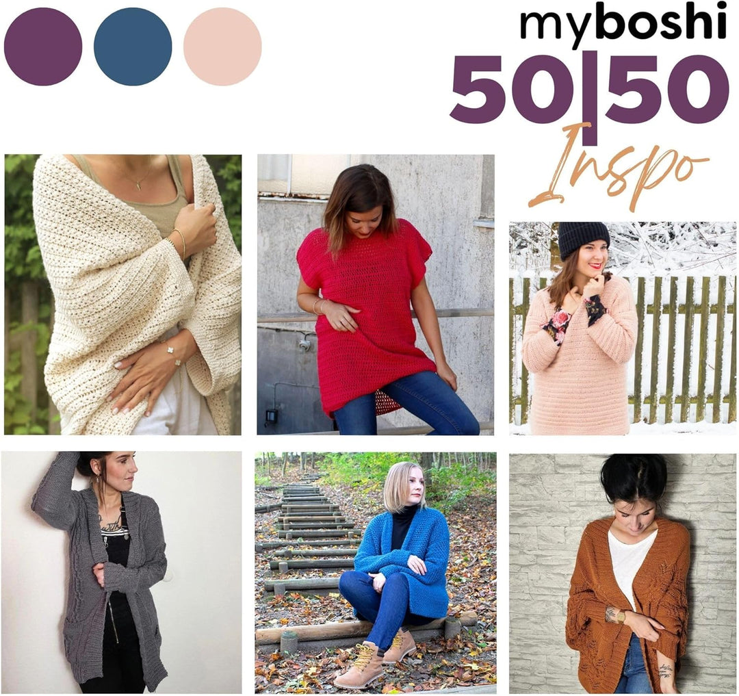 myboshi 50/50 Wolle, Baumwoll-Merino-Mix, hochwertiges Häkelgarn, Strickgarn, inkl. Label, 50% Baumw