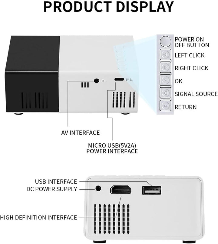 Projector, 1080p HD Tragbarer Filmprojektor, Smart Home Projector mit HDMI, USB, 3.5 Sound -Schnitts