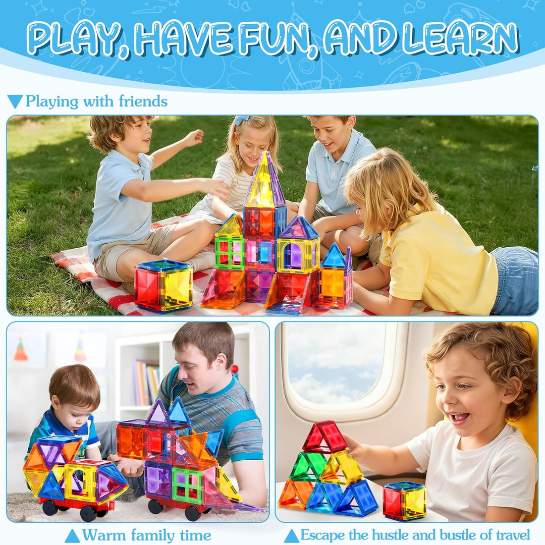 Magnetische Bausteine 60 Teile, Magnetbausteine Kinder Bauspielzeug Mit 1 Autos, Magnetic Tiles Lehr