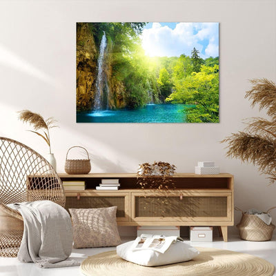 Bilder auf Leinwand 100x70cm Leinwandbild Wasserfall Forrest Himmel Gross Wanddeko Bild Schlafzimmer