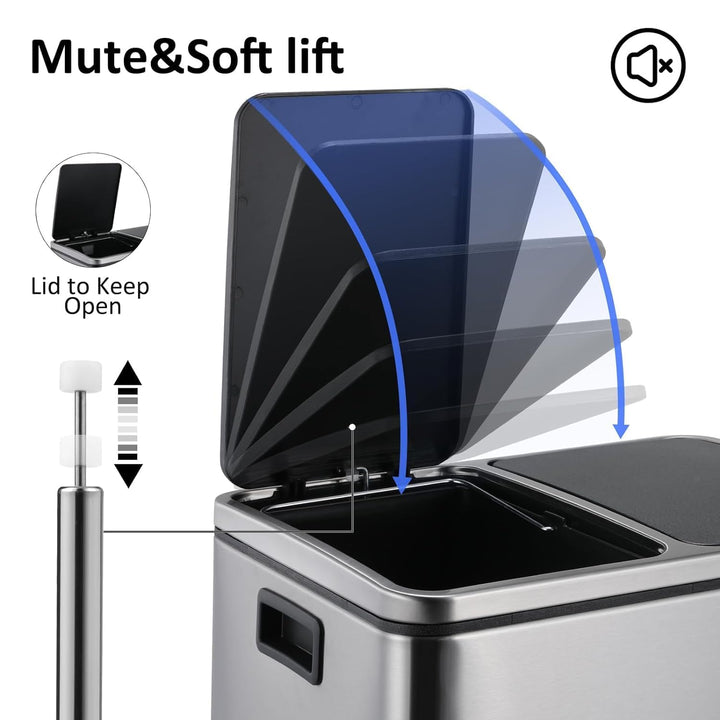 LIFERUN Mülleimer 2 Fächer, 2 x 15 Liter Abfalleimer Küche aus Metall, Softclose Deckel, Inneneimer