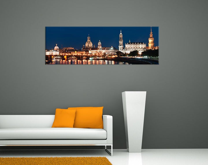 Bilderdepot24 Bild auf Leinwand | Dresden Skyline bei Nacht - Deutschland I in 120x40 cm als Panoram