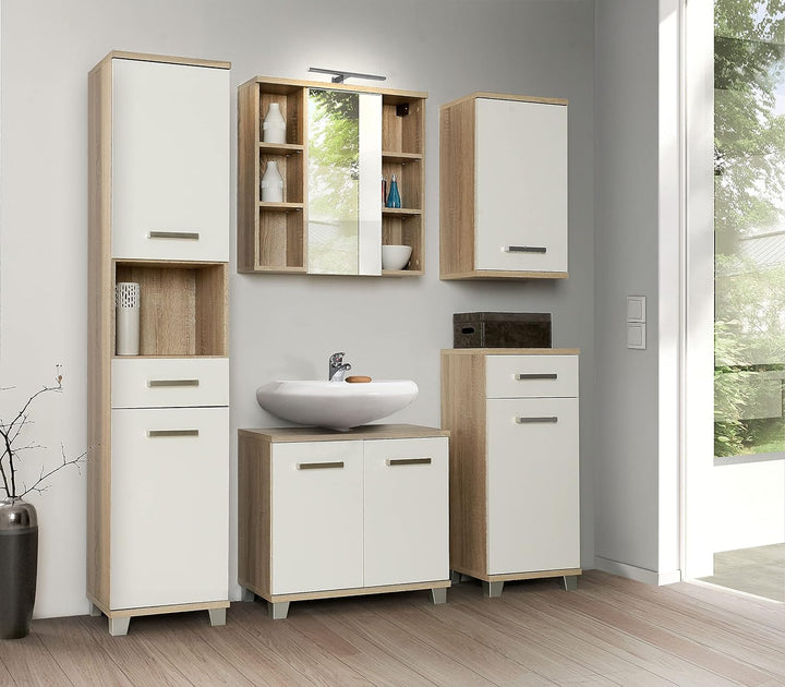 FORTE Veris Hängeschrank mit 1 Tür, Holzwerkstoff, Sonoma Eiche / Weiss Hochglanz, 68,8 x 40,2 x 29