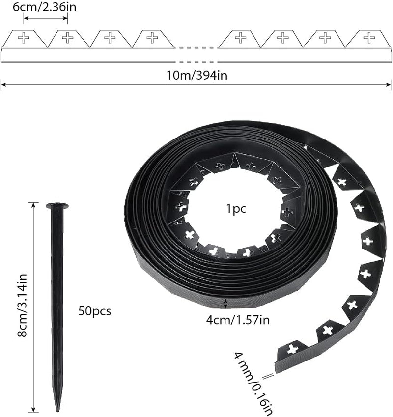 JonesHouseDeco Flexible Rasenkante 10m Garteneinfassung 4cm Schwarz PVC Biegsame Beeteinfassung mit