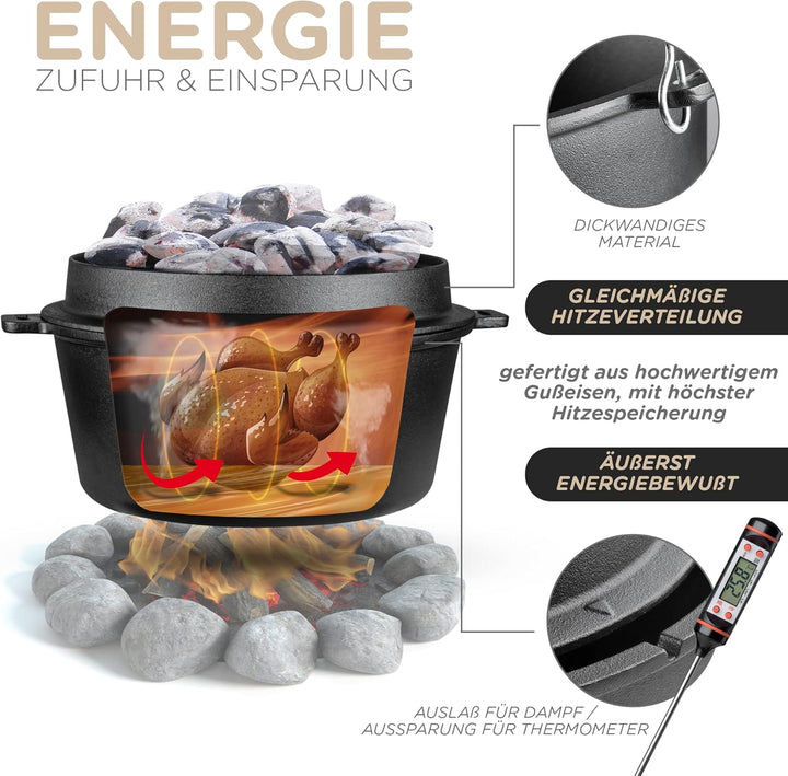 JAXX | 9 Liter Dutch Oven Set | Eingebrannter Feuertopf aus Gusseisen | Dutch Oven Zubehör inkl. Dec