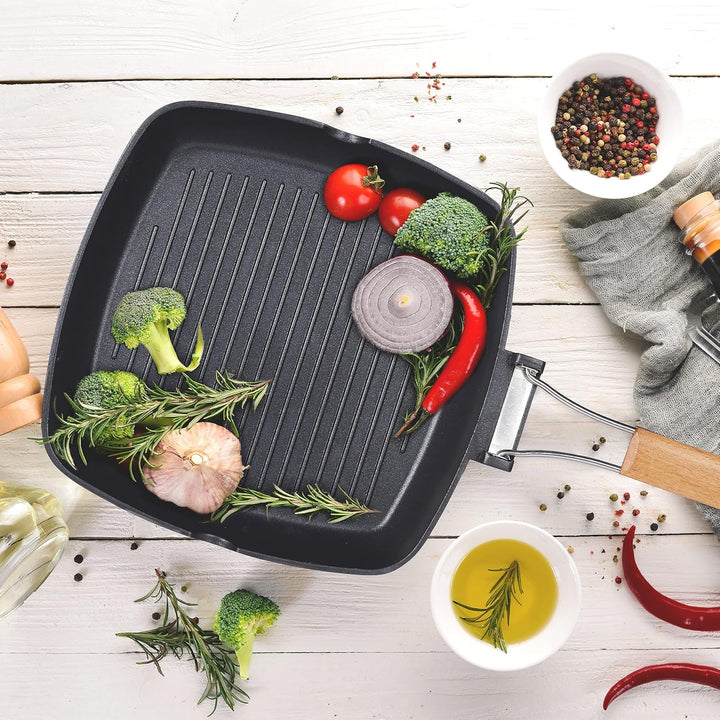 Relaxdays Grillpfanne, induktionsgeeignet, antihaftbeschichtet, klappbarer Griff, Aluminium Steakpfa