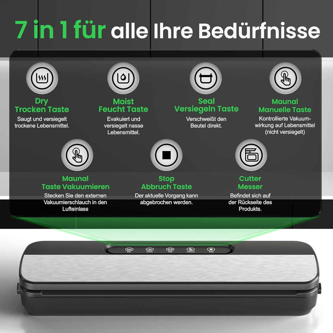 Vakuumiergerät 7 in 1, 145W Vakuumierer für kontinuierliches Arbeiten mit hoher Geschwindigkeit, Fol