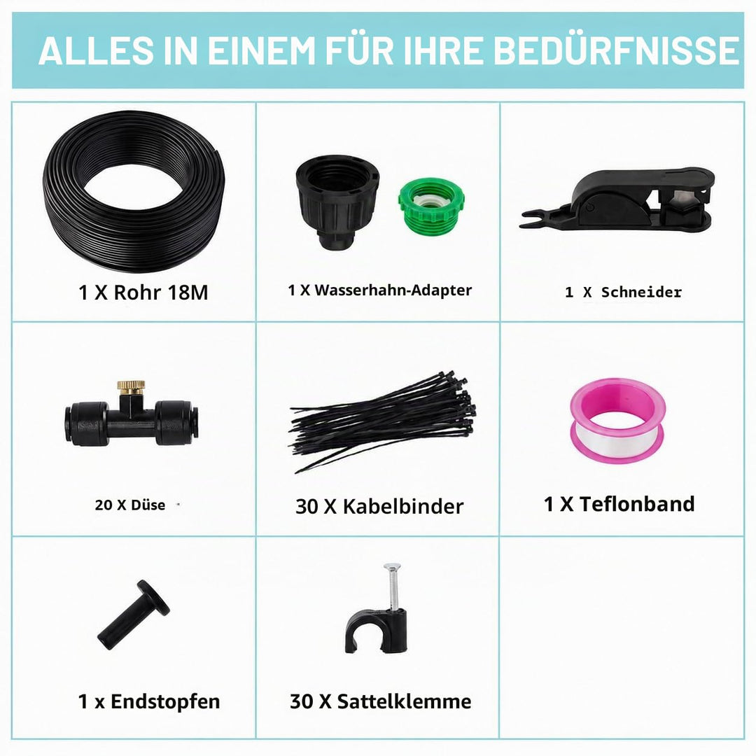 Tesmotor 18M Sprühnebel Kühlung Set, Outdoor Misting System mit 20 Messing Nebeldüsen, Nebelkühlung