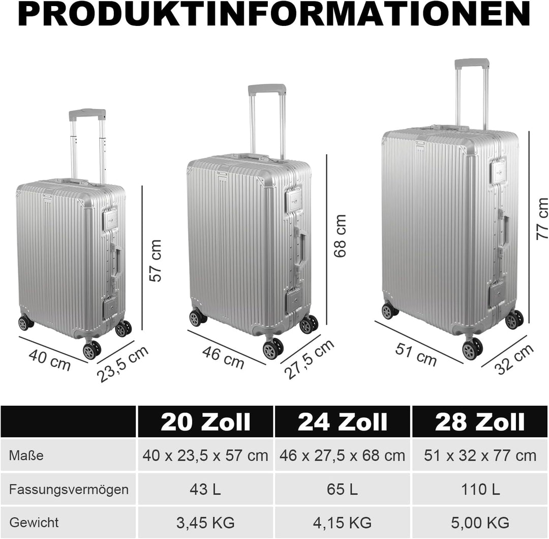 FusionShell Aluminiumrahmen Hartschalen Kofferset 3-teilig, 57 68 77 cm (43L 65L 110L), Formstabil,