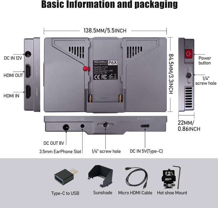 FEELWORLD P6X 5,5-Zoll-Kamera-Feldmonitor 1200 Nits, 4K-HDMI-DSLR-Kameramonitor mit Aluminiumgehäuse