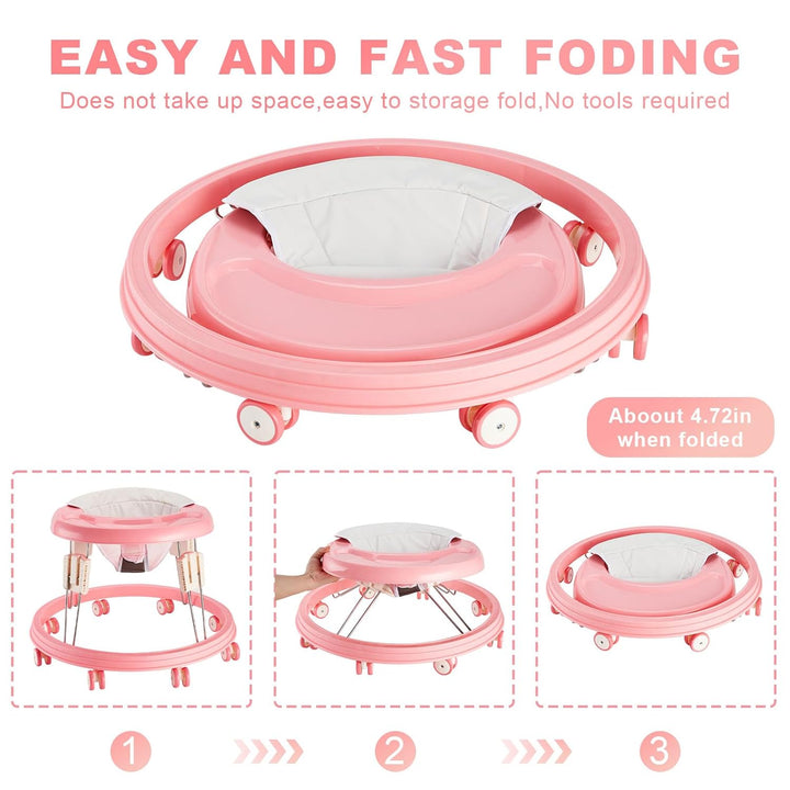 Baby Walker, Faltbar, Anti-Rollover, 5-stufig höhenverstellbar, für 6-15 Monate, Rosa rose, rose