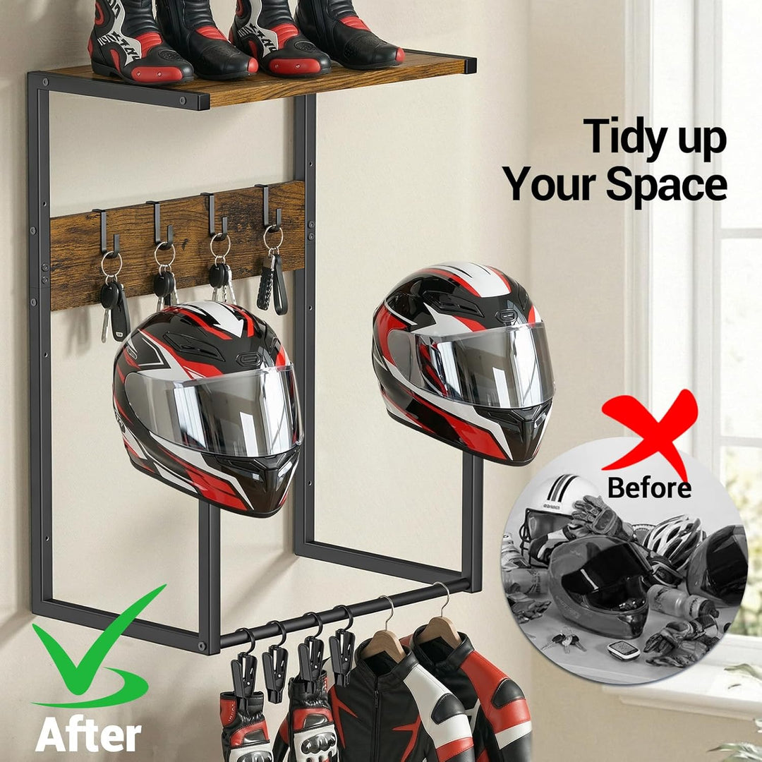 Housolution Motorradhelm Wandhalterung, Helmhalterung mit 4 Handschuhchips und 4 Haken für Reitanzüg