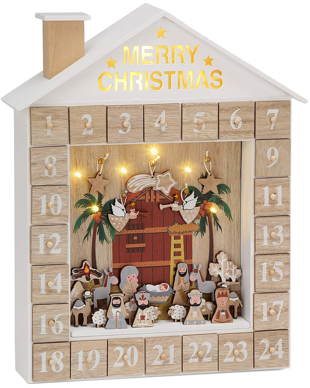 BRUBAKER Adventskalender aus Holz zum Befüllen - Bibelgeschichte Krippe mit LED Beleuchtung - Wieder