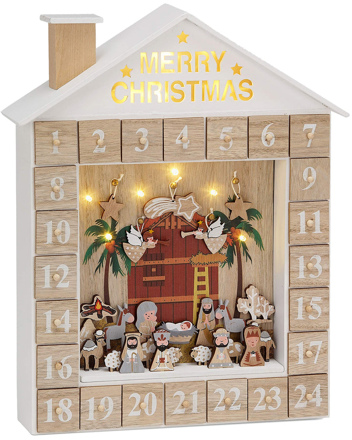 BRUBAKER Adventskalender aus Holz zum Befüllen - Bibelgeschichte Krippe mit LED Beleuchtung - Wieder