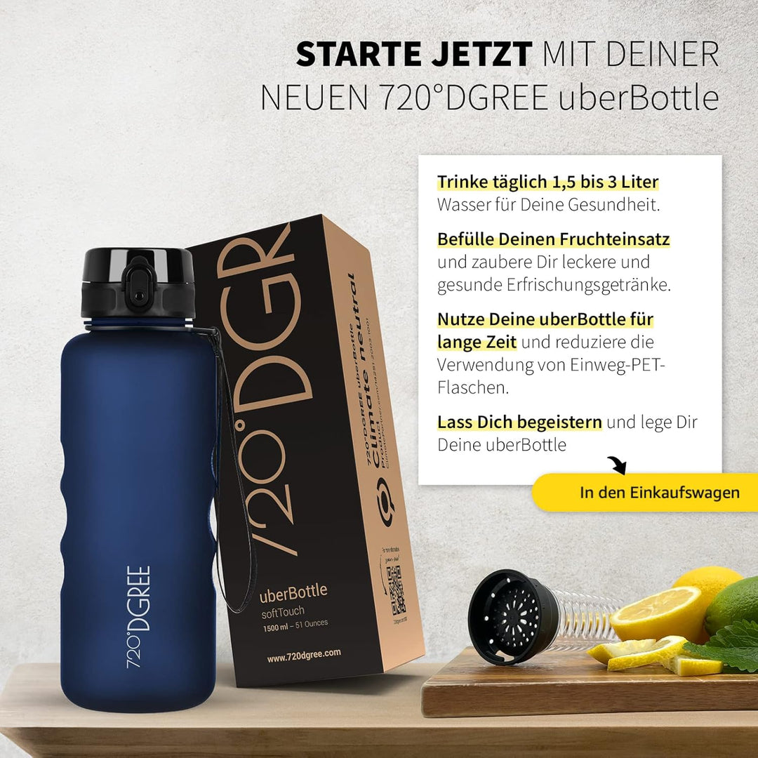 720°DGREE Trinkflasche 1,5l “uberBottle“ +Früchtebehälter - BPA-Frei, Auslaufsicher - Wasserflasche