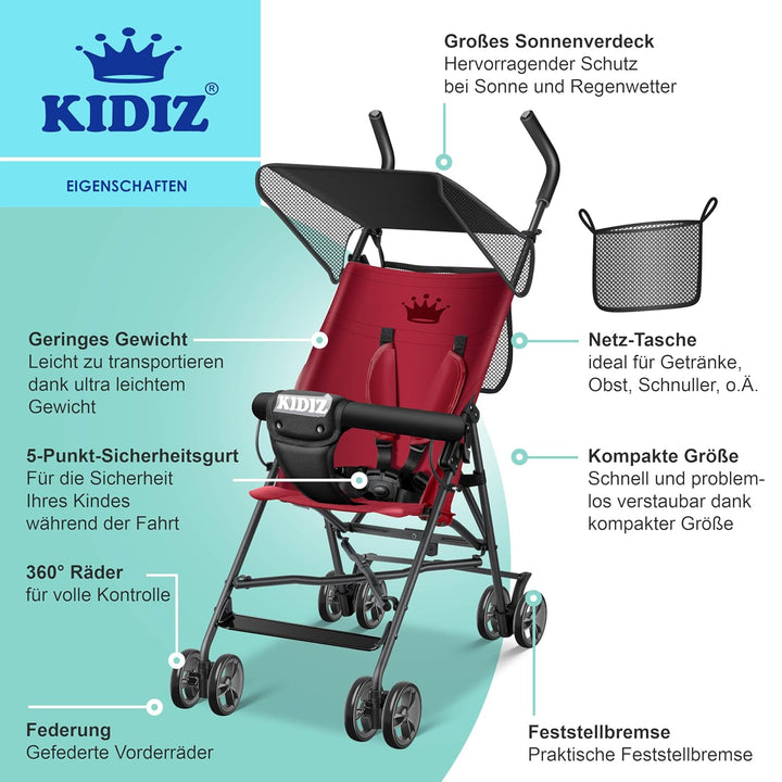 KIDIZ® Kinderwagen CITY Buggy Kinderbuggy klappbar Sportwagen Faltbar 360° 4-Zoll-Räder Inkl. Sonnen