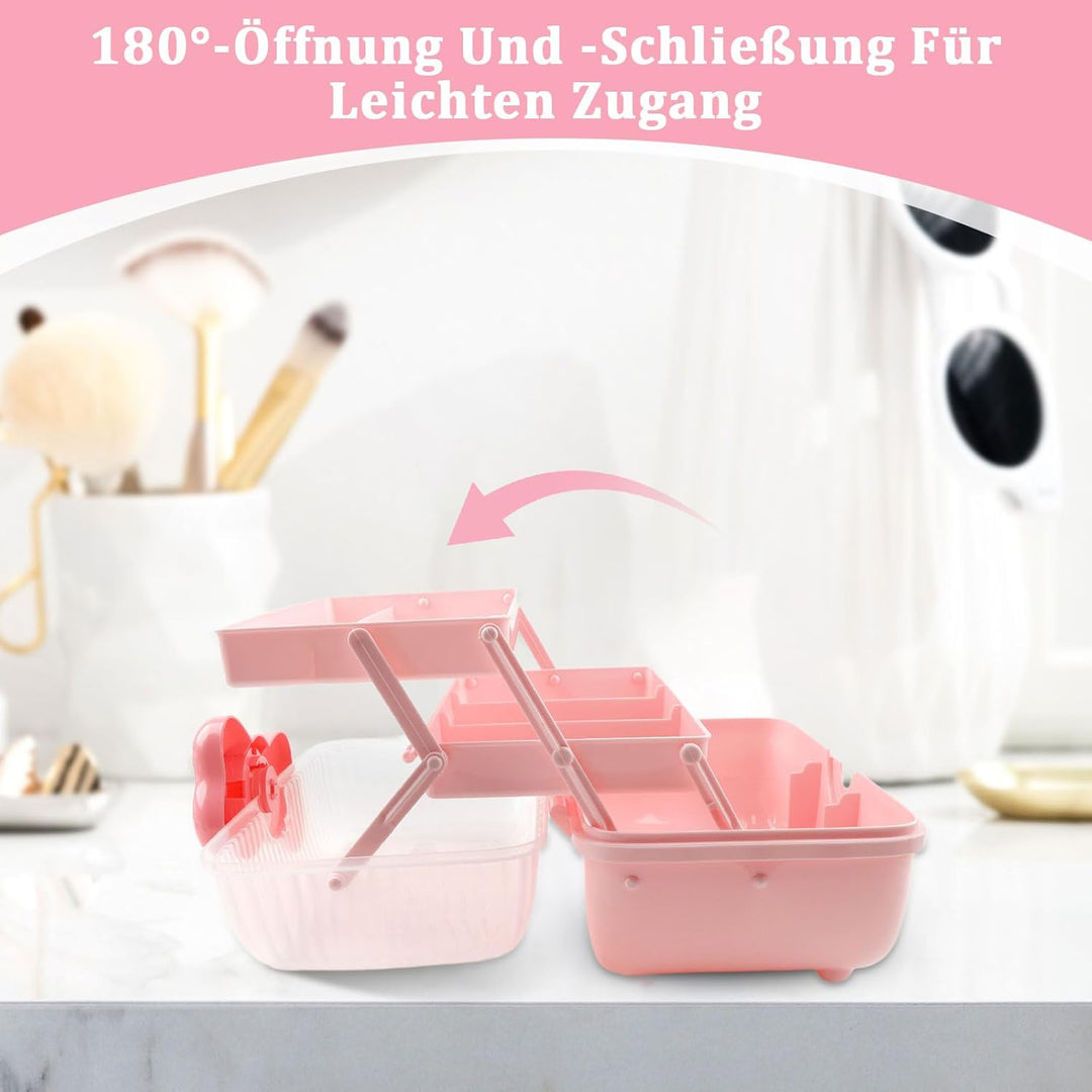 3 Etagen Schmuckbox Kinder, Haarschmuck Aufbewahrung rosa mit transparentem Deckel, 180 Grad Öffnung