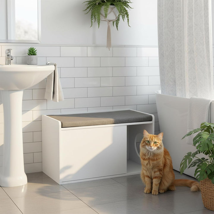 Relaxdays Katzenschrank mit Sitzauflage, 2in1 Katzenkommode & Sitzbank, HBT: 45,5 x 75 x 43 cm, für