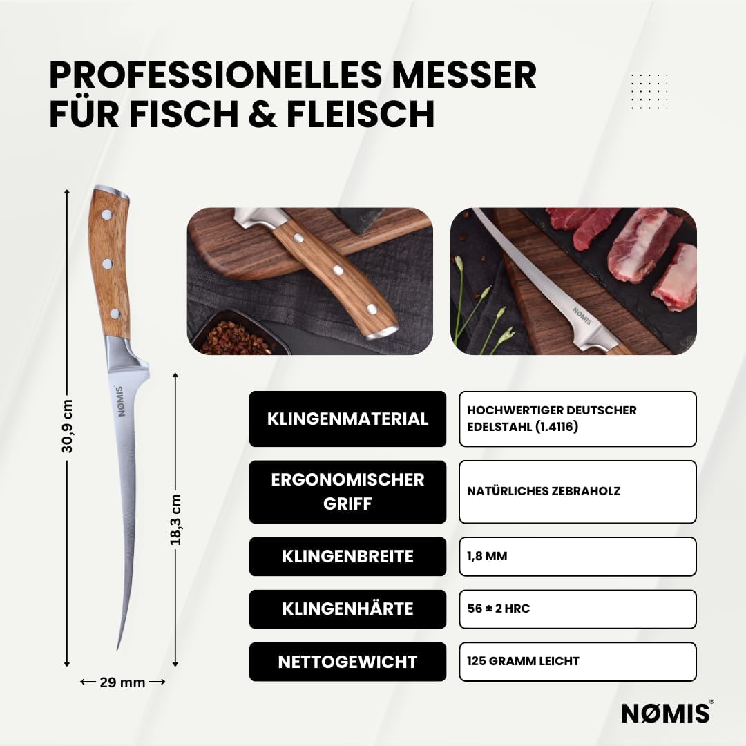 NØMIS Premium Filetiermesser Fisch | Filitiermesser scharf Fisch | Fischmesser | 18,5 cm Klinge aus