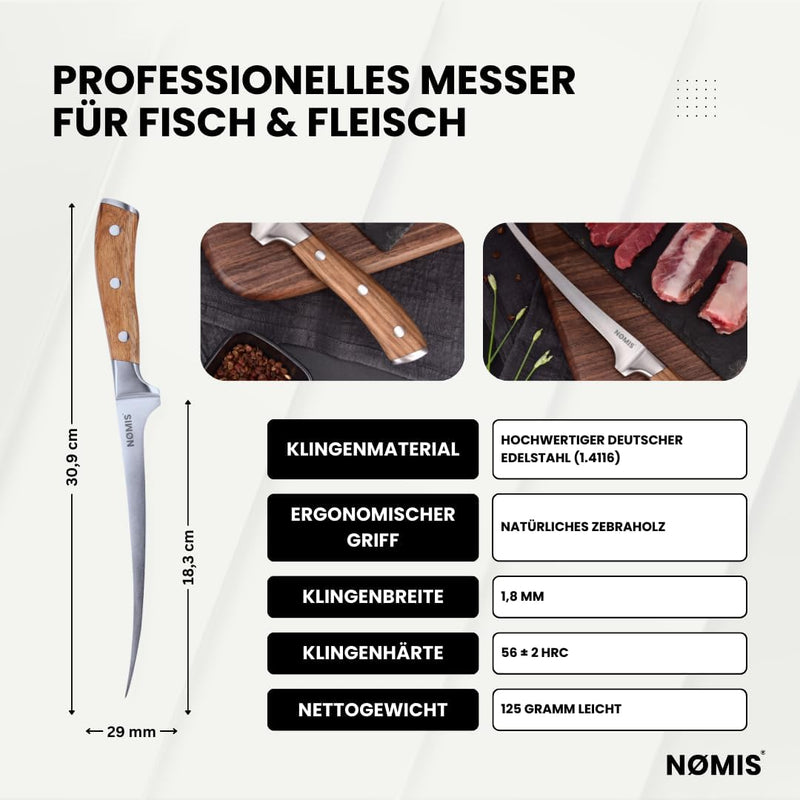NØMIS Premium Filetiermesser Fisch | Filitiermesser scharf Fisch | Fischmesser | 18,5 cm Klinge aus
