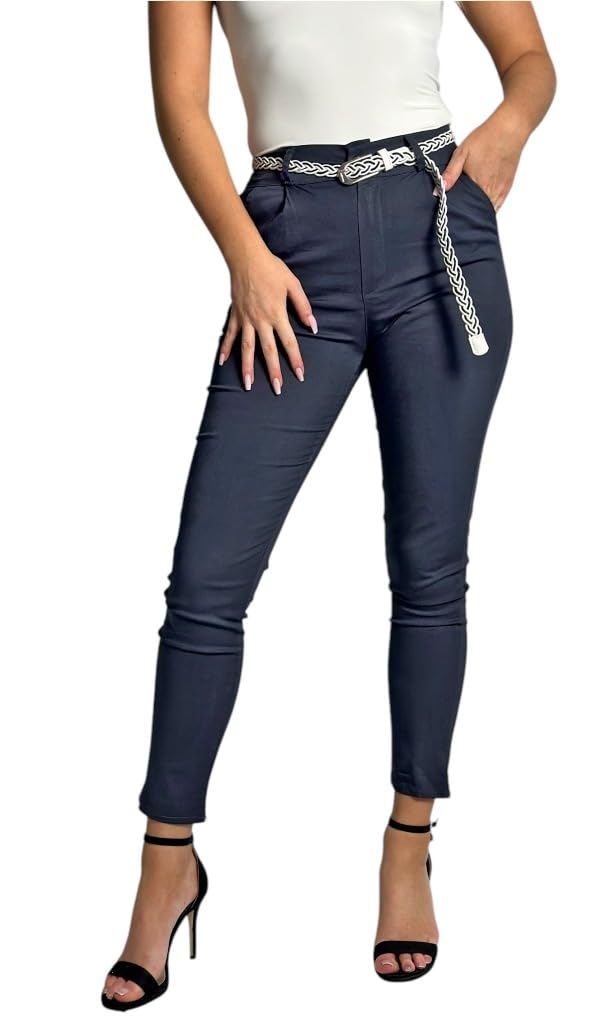 Damen Baumwolle Klassische Chino Hose mit Gürtel, S Dunkelblau