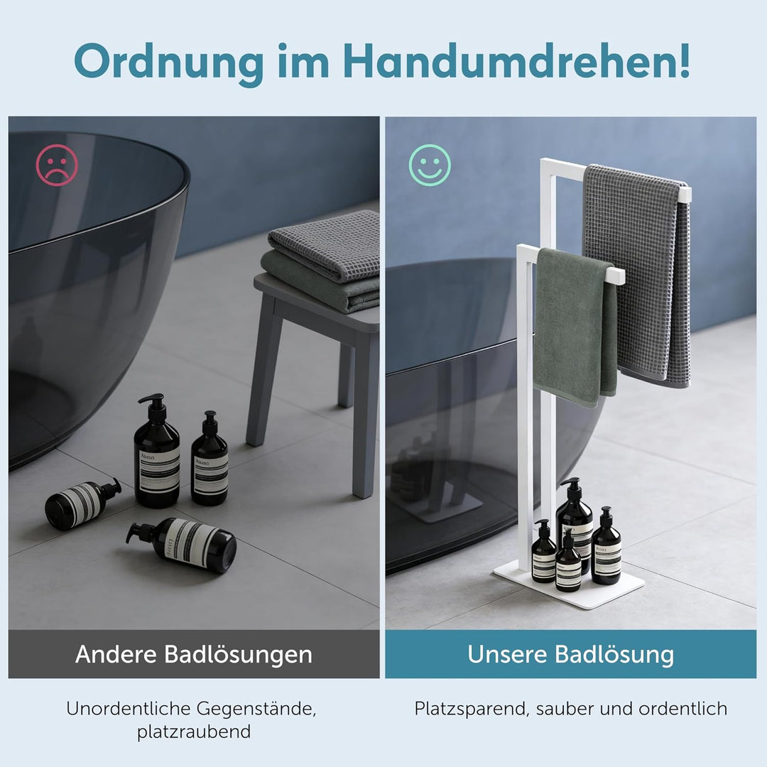 doporro Handtuchständer Freistehend, Handtuchhalter Stehend weiss Edelstahl mit 2 Stangen, Badetuchh
