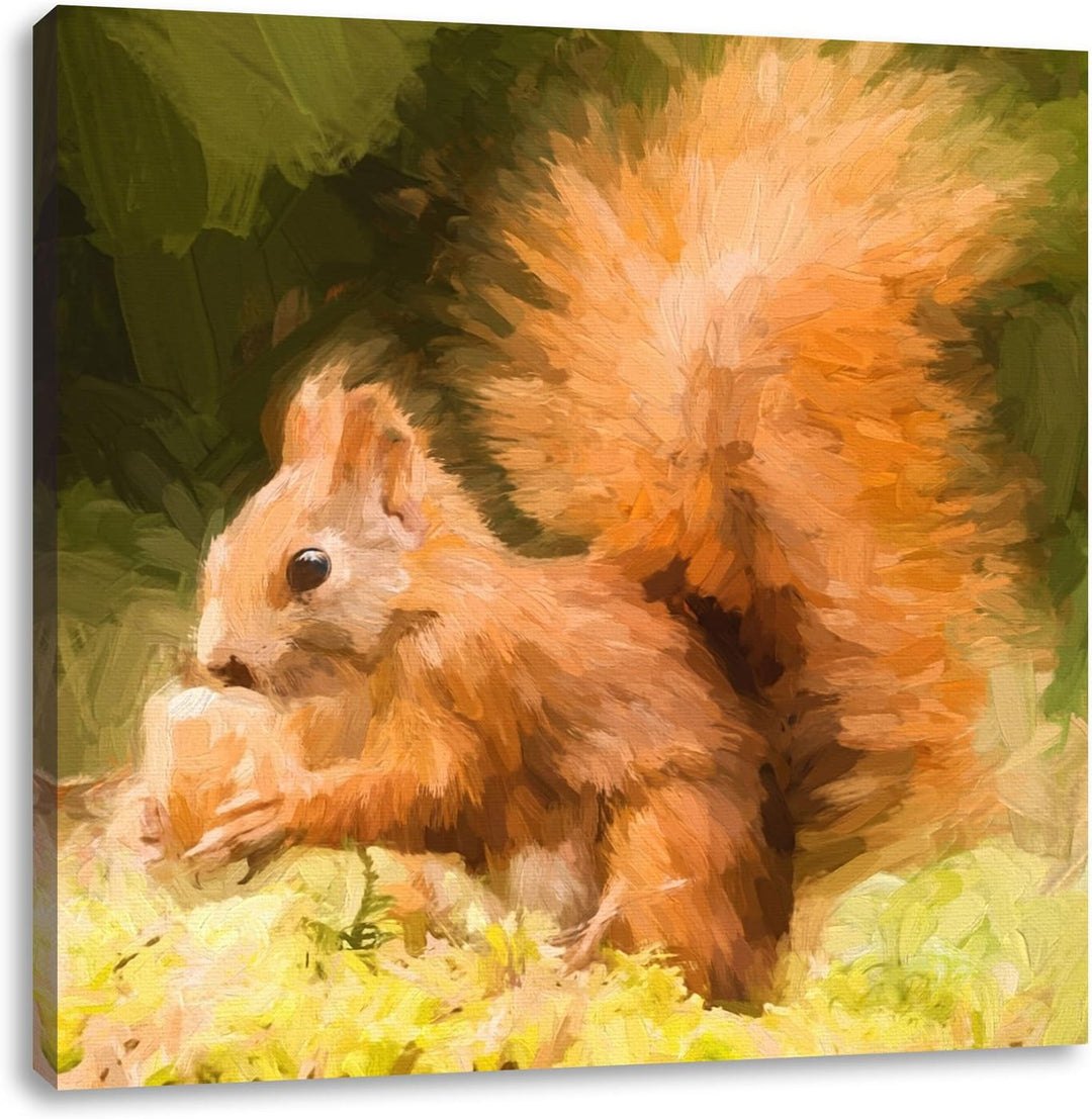 Pixxprint Eichhörnchen mit Nuss als Leinwandbild/Grösse: 70x70 cm/Wandbild/Kunstdruck/fertig bespann