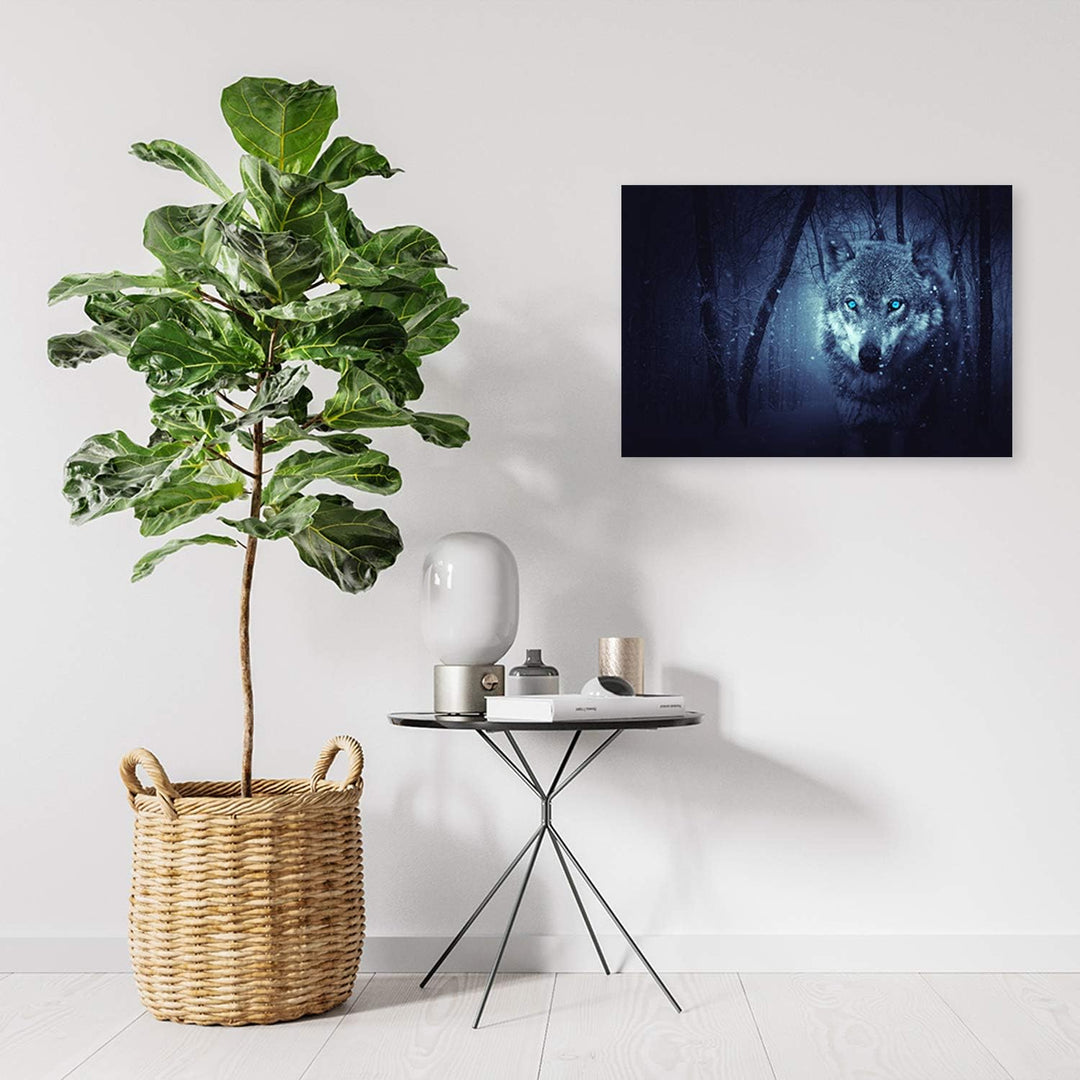 Feeby Wandbild Wald Druckbild Leinwandbild Wolf Blau 100x70 cm Leinwandbild 100x70 cm Blau_b, Leinwa
