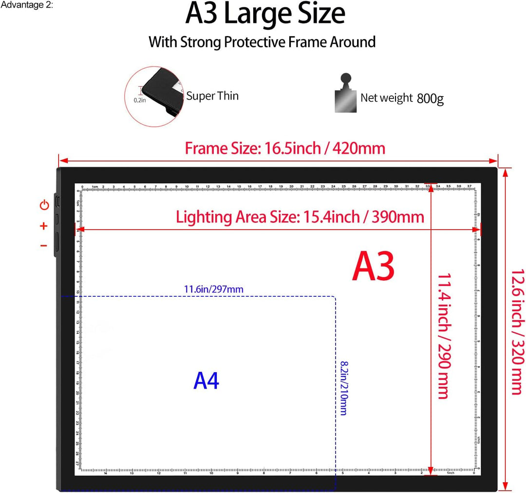 WELZK Leuchttisch A3, 42×32CM Grosse Light Pad. Seitliche Tasten, 9 Stufige Dimmung Lichtplatten für