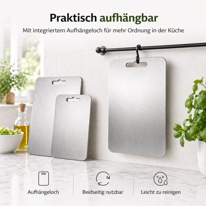 3 PCS Titan Edelstahl Schneidebrett Set multifunktionales Metall Küchenbrett, beidseitig nutzbar hyg