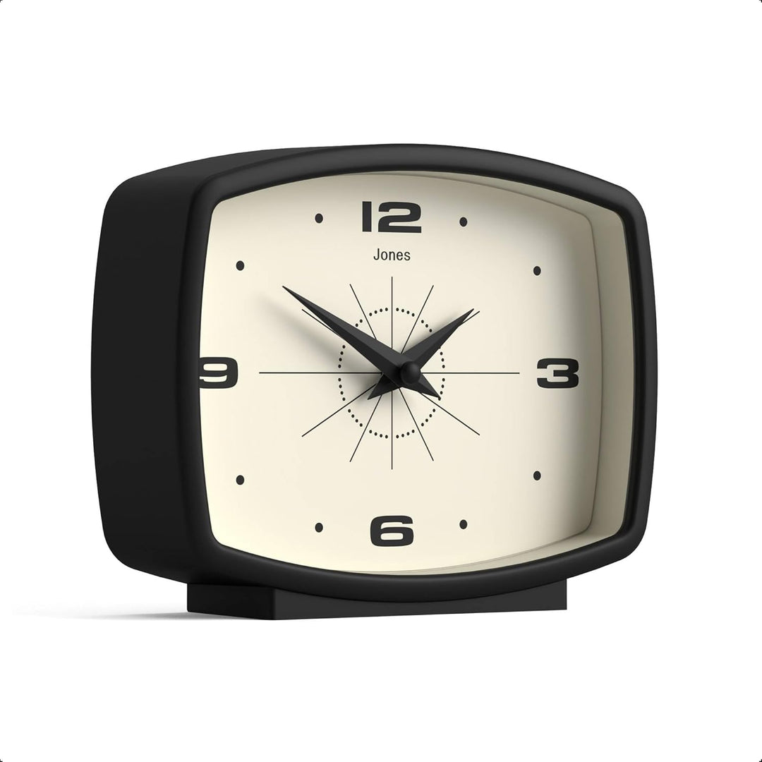 JONES CLOCKS® Schreibtischuhr 'Film' – rechteckiges Retro-Design in Schwarz, Cooler Look für Regal,