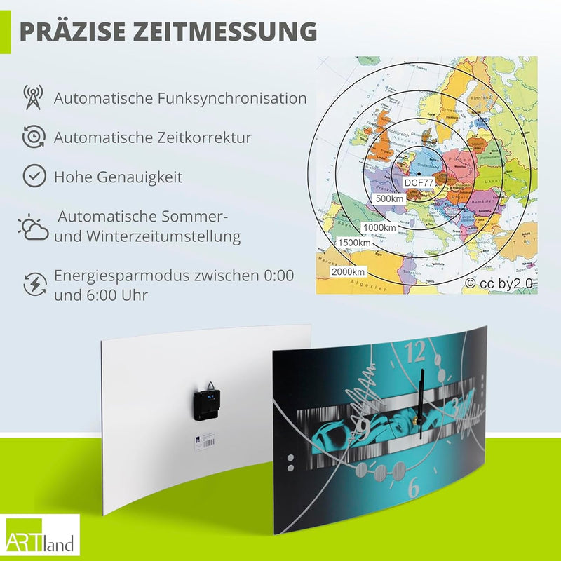 ARTLAND Wanduhr ohne Tickgeräusche Alu Funkuhr lautlos 60x30 cm Rechteckig Landschaft Sonnenuntergan