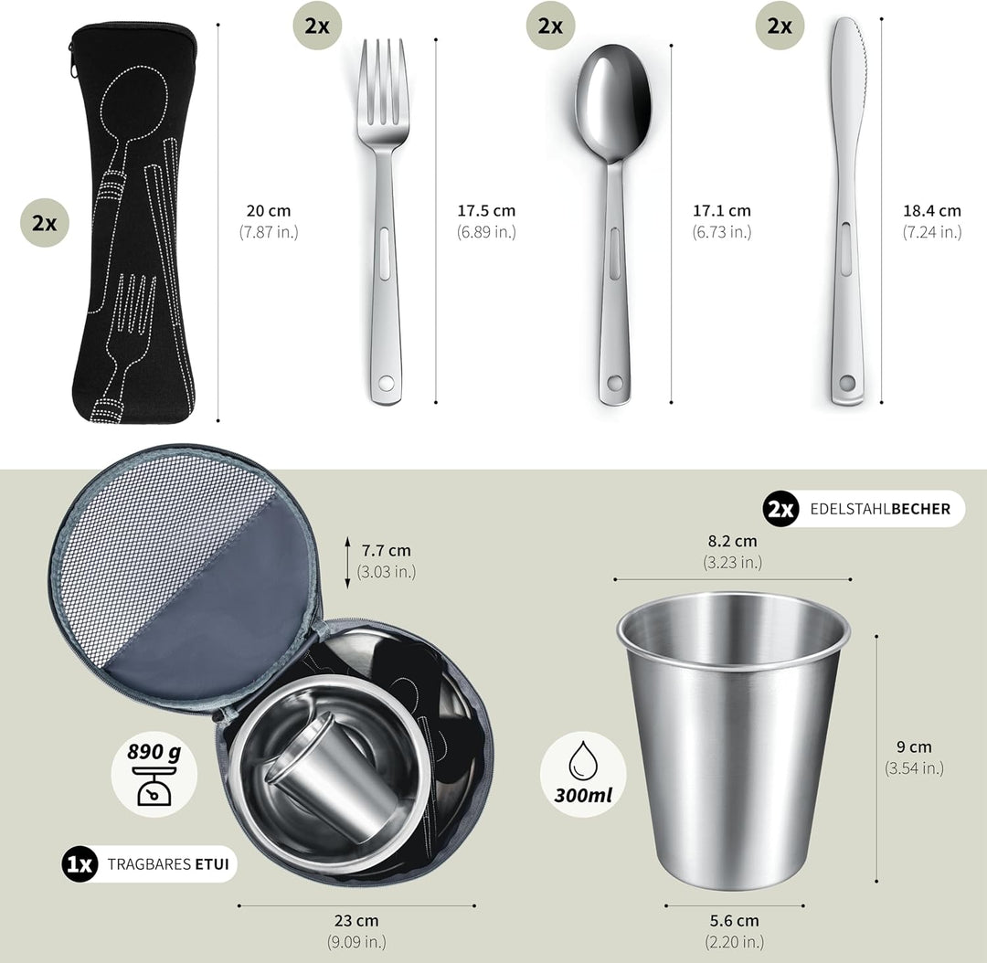 Campingbesteck Set – Camping Geschirr Set mit Edelstahl Besteckset, Teller, Schale und Gläser. Inklu