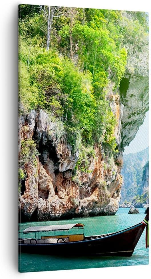 Bilder auf Leinwand 55x100cm Leinwandbild mit Rahmen Boot Klippen Natur Felsen Gross Wanddeko Bild S