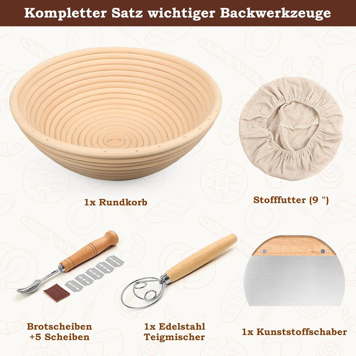 FIVAVA Gärkorb Brot Set, Gärkörbchen Rund 23cm,Brot Backen Zubehör Hochwertiges Rattan Mit Leinenbez