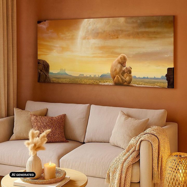Wandbilder Dekoration Wohnzimmer Affen Mutter Natur Berg Panorama Bilder auf Leinwand 120x50cm Leinw