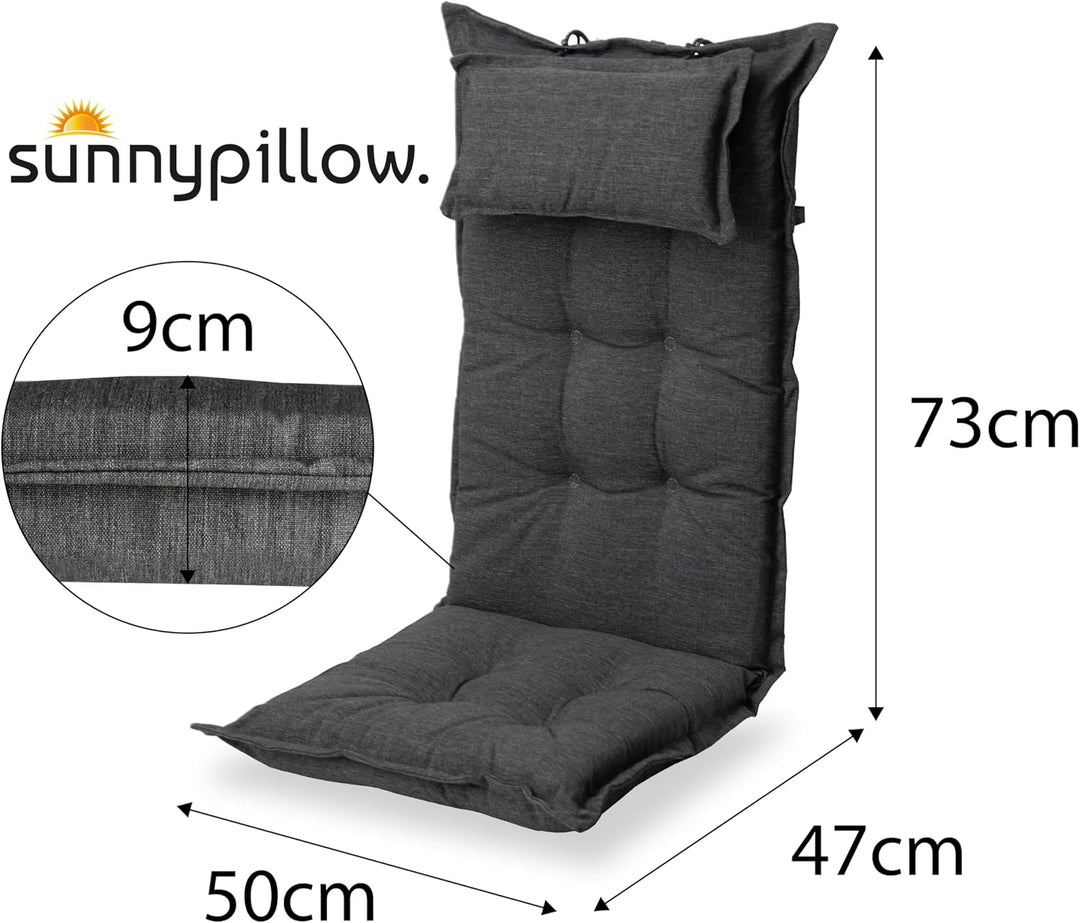 sunnypillow 2 Stück Gartenstuhlauflagen mit abnehmbarem Kopfpolster - 120 x 50 x 9cm - Stuhlauflagen